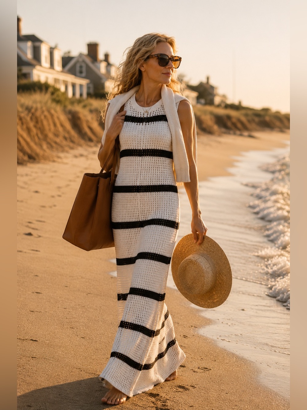 Open Knit Over Slip Dress Maxi - White/Black Stripe - Tall Friendly - Large NWT